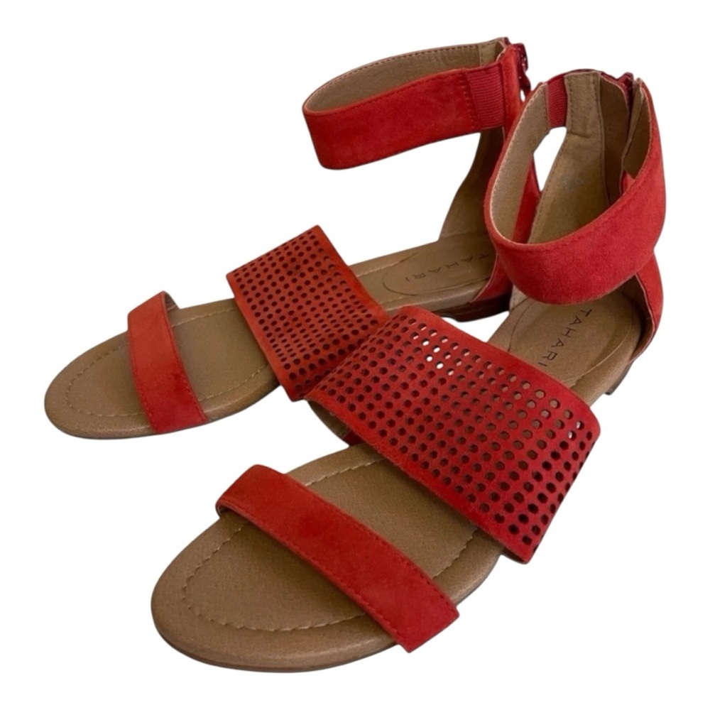 Tahari Sandals Red Perforated Ankle Strap Suede Leather Low Heel Women’s Size 7